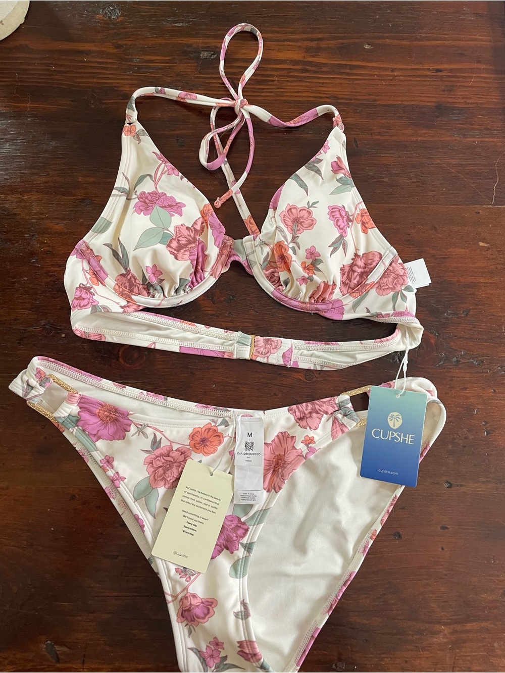 Cupshe Cream Floral Underwire Bikini with Pink & Coral Blooms